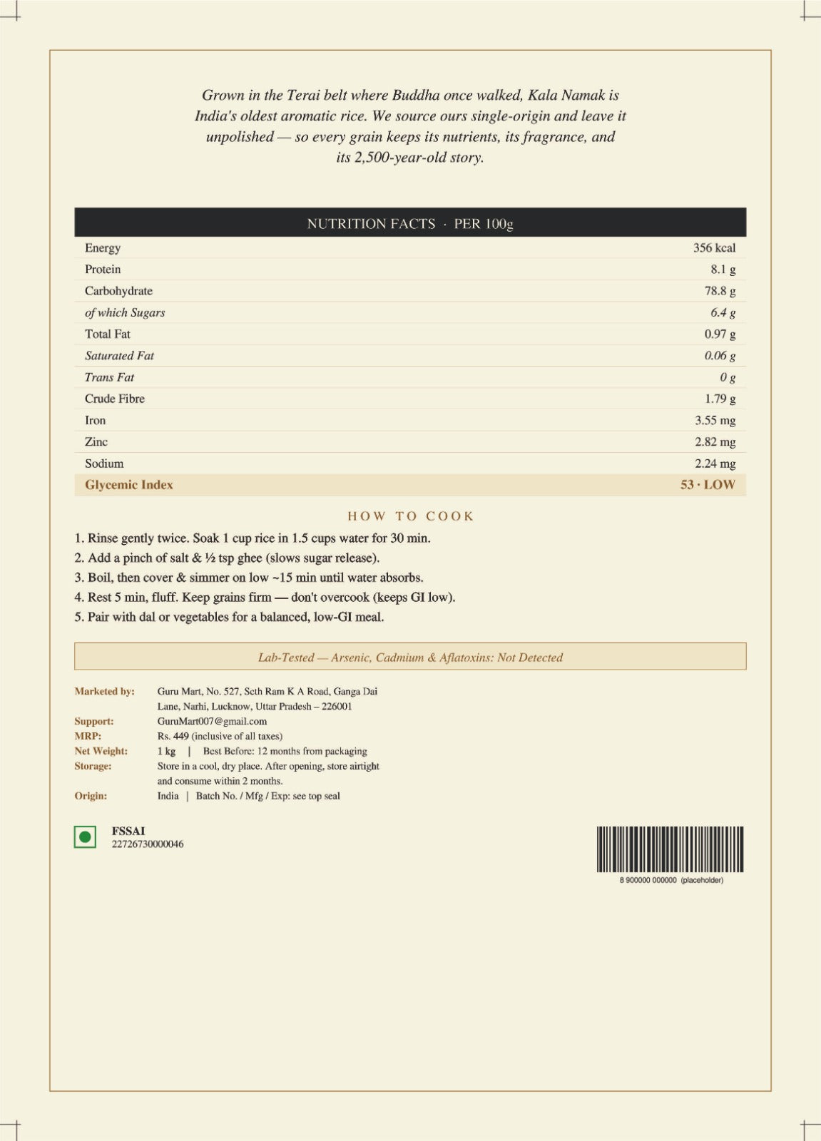 Terai Select Kala Namak Rice — Front packaging, Traditional Unpolished Aromatic