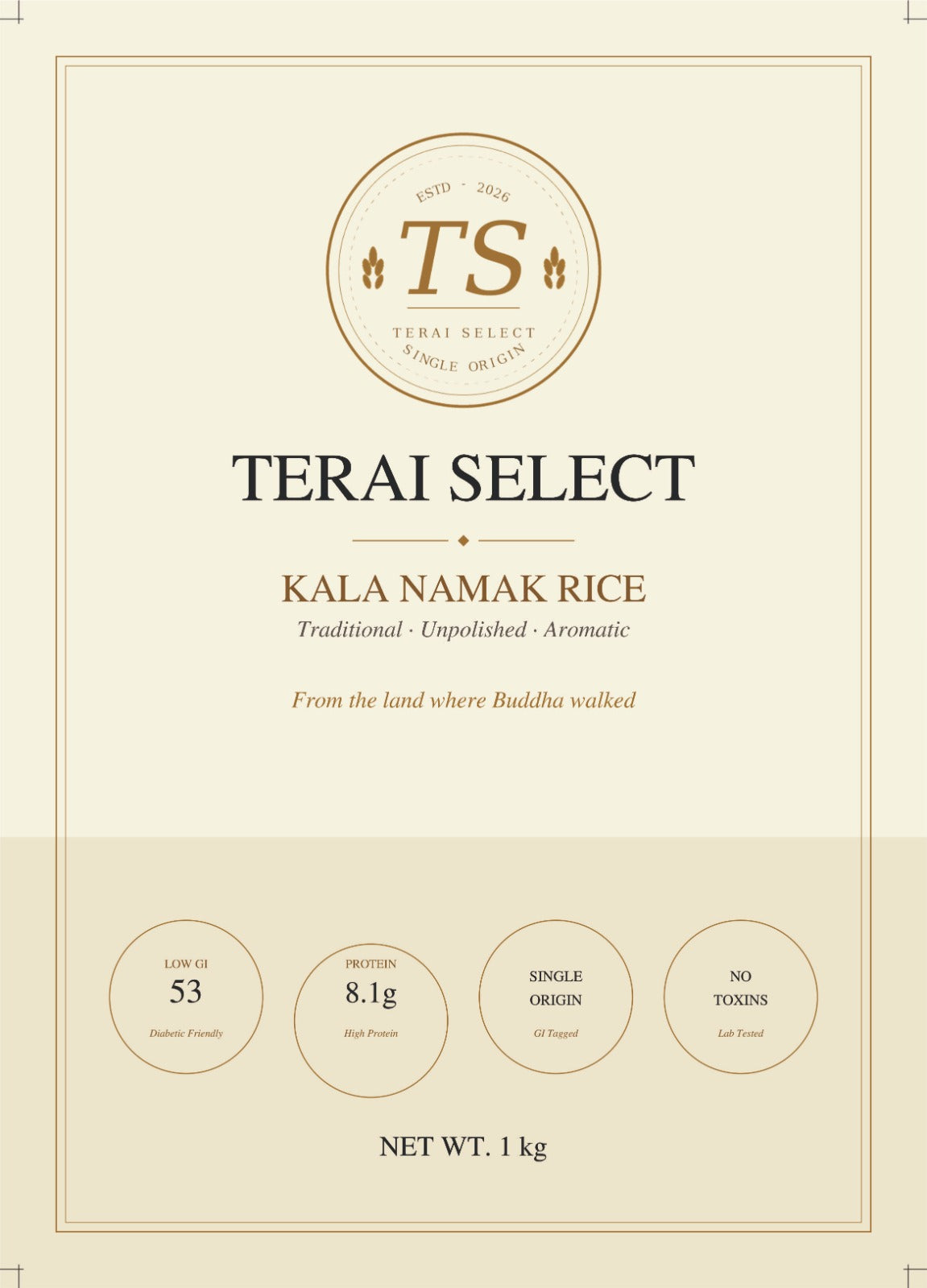 Terai Select Kala Namak Rice — Back packaging with nutrition facts and cooking instructions