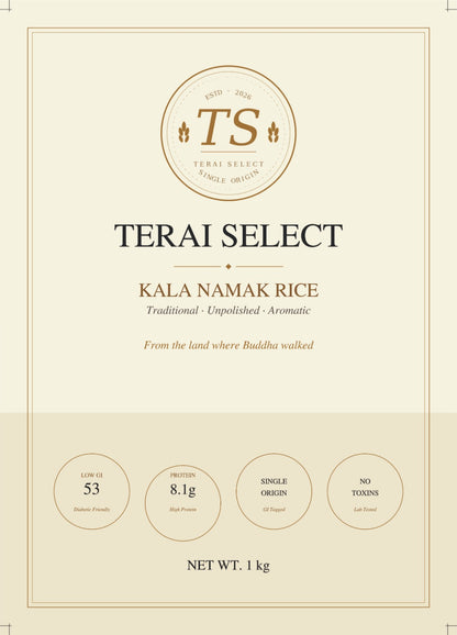 Terai Select Kala Namak Rice — Back packaging with nutrition facts and cooking instructions