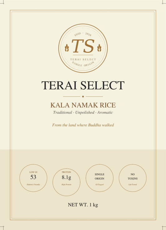 Terai Select Kala Namak Rice — Back packaging with nutrition facts and cooking instructions
